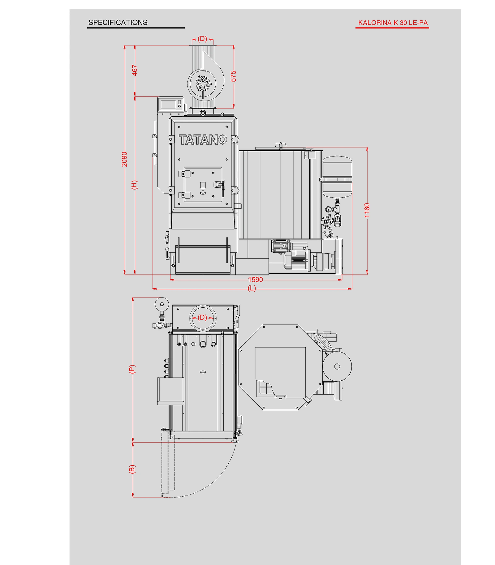 Schéma technique du Kalorina LE-PA Cippato — dimensions et architecture
